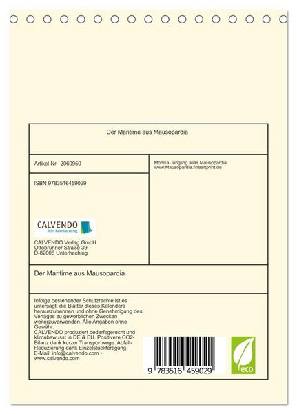 Produktbild: Der Maritime aus Mausopardia (Tischkalender 2026 DIN A5 hoch), CALVENDO Monatskalender