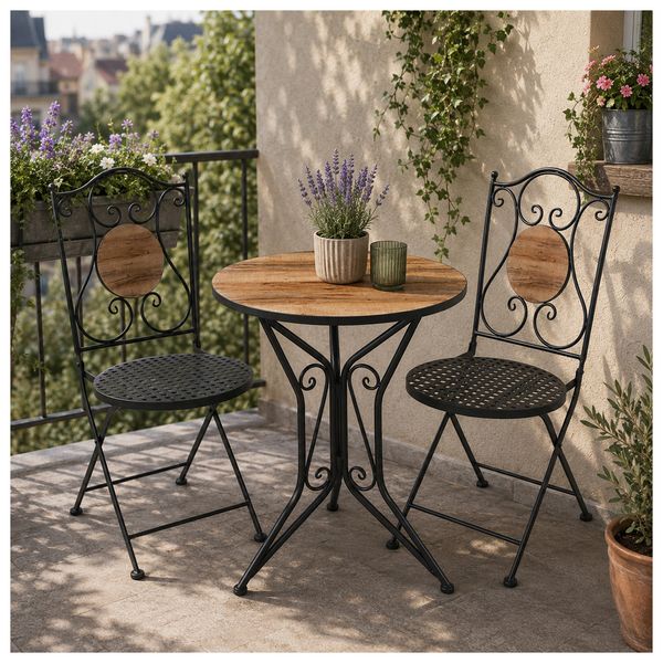 Produktbild: HTI-Living Sitzgruppe Metall schwarz Holz Tisch mit 2 St&uuml;hlen Balkon Set mit Motiv