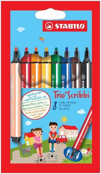 Produktbild: Gefederter Dreikant-Filzstift - STABILO Trio Scribbi - 8er Pack - mit 8 verschiedenen Farben