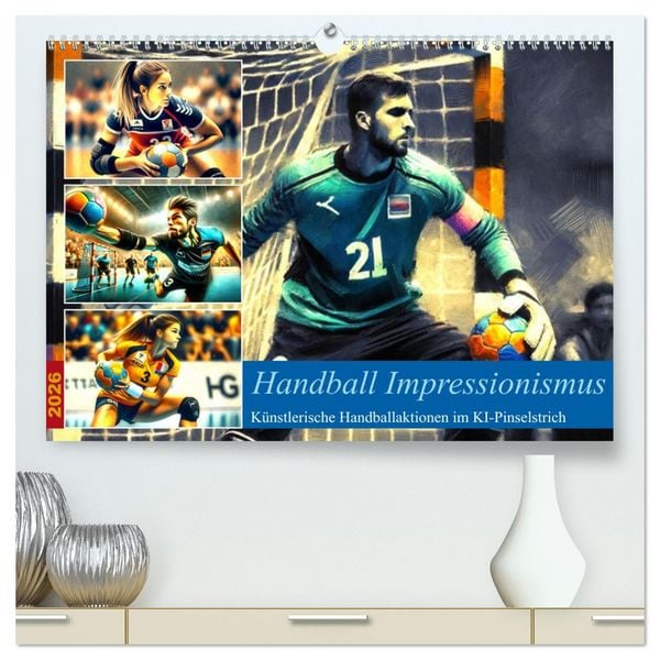 Produktbild: Handball Impressionismus, K&uuml;nstlerische Handballaktionen im KI-Pinselstrich (hochwertiger Premium Wandkalender 2026 DIN A2 quer), Kunstdruck in Hochglanz