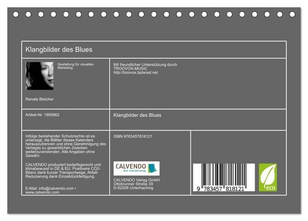 Produktbild: Klangbilder des Blues (Tischkalender 2026 DIN A5 quer), CALVENDO Monatskalender