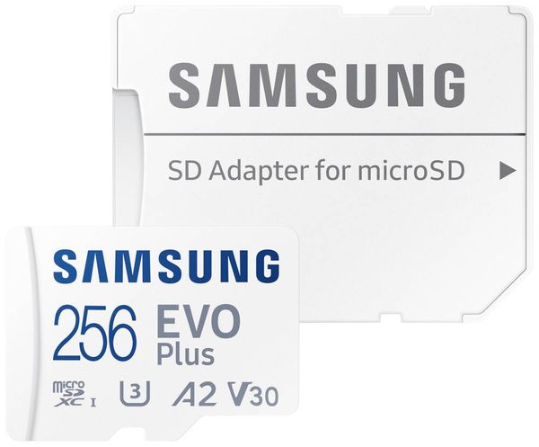 Produktbild: Samsung EVO Plus microSD-Karte Retail 256 GB UHS-I, v30 Video Speed Class, A2 Application Performance Class inkl. SD-Adapter