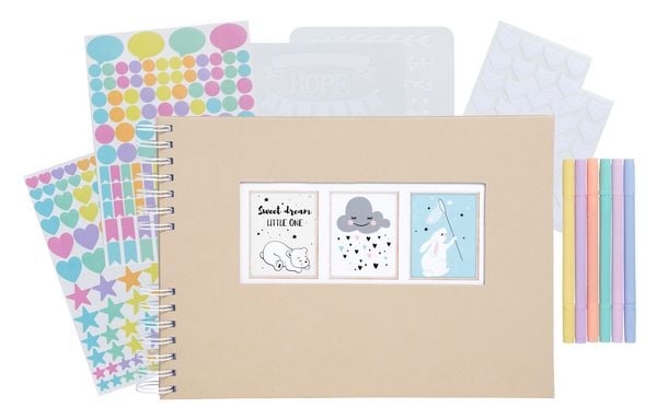 Produktbild: Scrapbooking-Set, Fotoalbum mit Spiralbindung, 50 Seiten wei&szlig;, 32x22 cm + Stifte, Sticker, Schablonen, Fotoecken