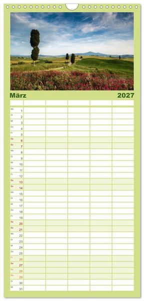 Produktbild: Familienplaner 2027 - Gr&uuml;ne Farbt&ouml;ne Toskana mit 5 Spalten (Wandkalender, 21 x 45 cm) CALVENDO