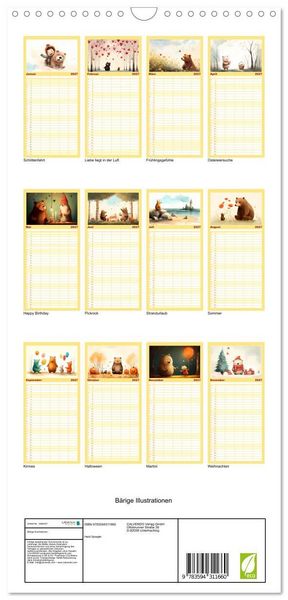 Produktbild: Familienplaner 2027 - B&auml;rige Illustrationen mit 5 Spalten (Wandkalender, 21 x 45 cm) CALVENDO