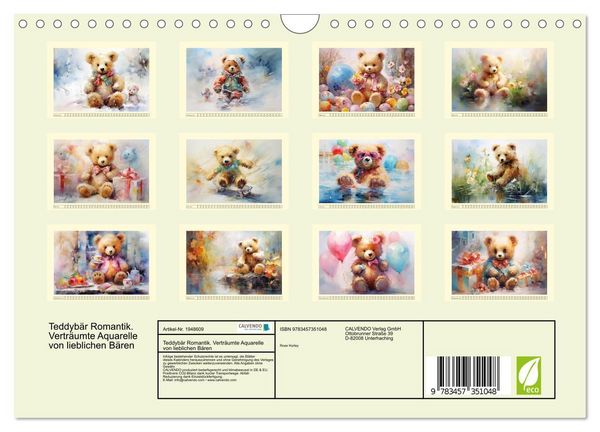 Produktbild: Teddyb&auml;r Romantik. Vertr&auml;umte Aquarelle von lieblichen B&auml;ren (Wandkalender 2026 DIN A4 quer), CALVENDO Monatskalender