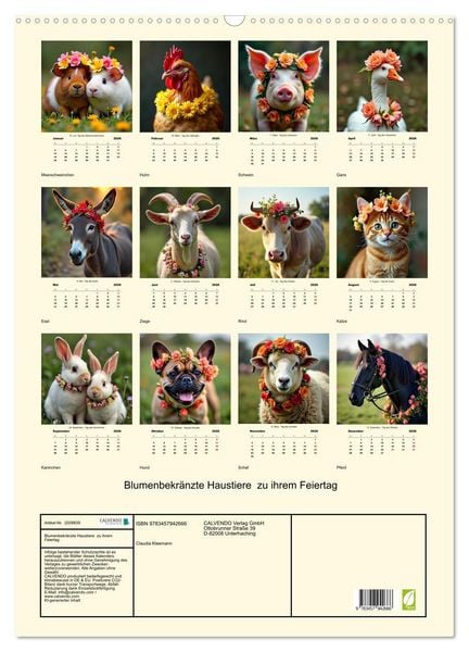 Produktbild: Blumenbekr&auml;nzte Haustiere zu ihrem Feiertag (Wandkalender 2026 DIN A2 hoch), CALVENDO Monatskalender