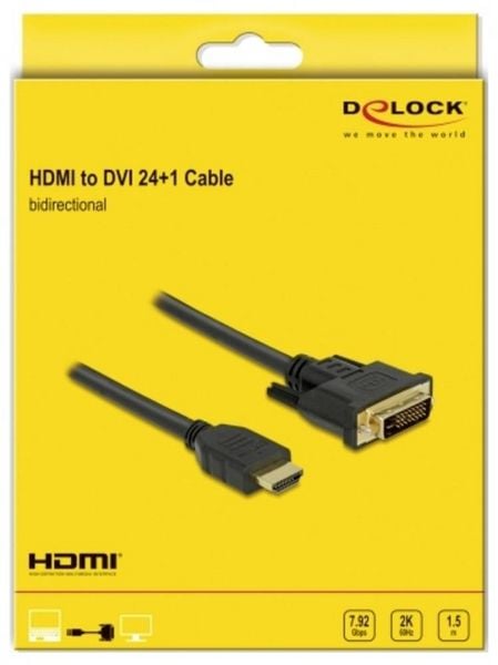 Produktbild: Delock HDMI / DVI Anschlusskabel HDMI-A Stecker, DVI-D 24+1pol. Stecker 1.5 m Schwarz 85653 dreifach geschirmt, vergoldete Steckkontakte HDMI-Kabel