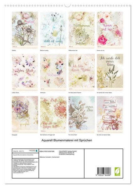 Produktbild: Aquarell Blumenmalerei mit Spr&uuml;chen (Wandkalender 2026 DIN A2 hoch), CALVENDO Monatskalender