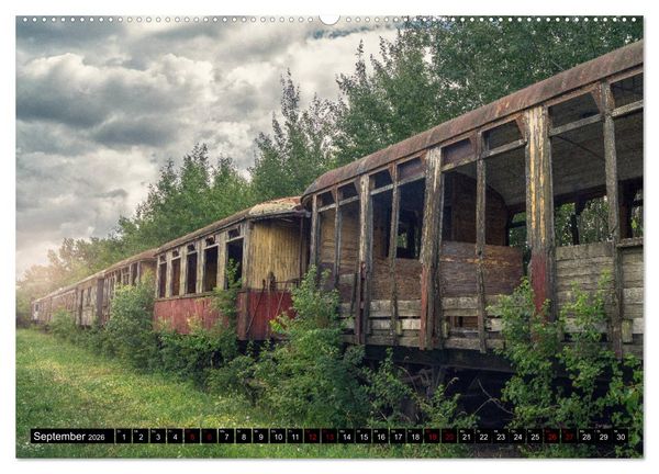 Produktbild: Lokomotiven und Wagen - Verfallen und vergessen auf dem Abstellgleis (Wandkalender 2026 DIN A2 quer), CALVENDO Monatskalender