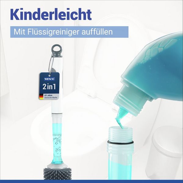 Produktbild: WC-Garnitur mit Reinigungsmittel-Spender 2in1, einfache Bedienung per Knopfdruck