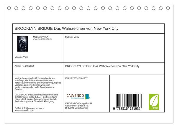 Produktbild: BROOKLYN BRIDGE Das Wahrzeichen von New York City (Tischkalender 2026 DIN A5 quer), CALVENDO Monatskalender