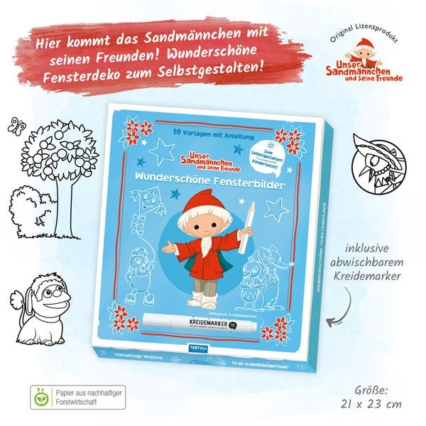 Produktbild: Tr&ouml;tsch Unser Sandm&auml;nnnchen Mappe mit Vorlagen und Kreidemarker Wundersch&ouml;ne Fensterbilder mit Kreidemarker