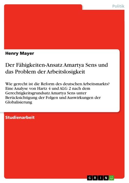Produktbild: Der F&auml;higkeiten-Ansatz Amartya Sens und das Problem der Arbeitslosigkeit