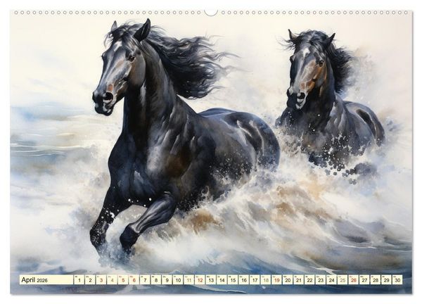 Produktbild: Pferde. Romantische Aquarelle von schwarzen Sch&ouml;nheiten (hochwertiger Premium Wandkalender 2026 DIN A2 quer), Kunstdruck in Hochglanz