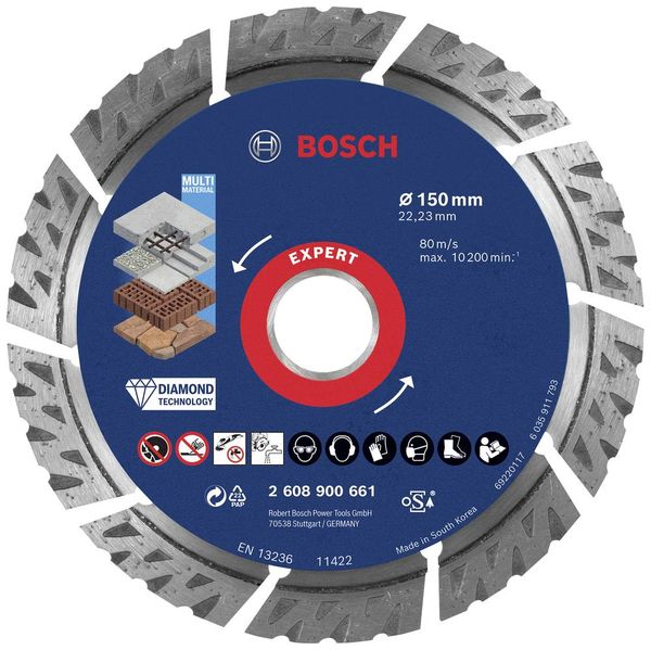 Bosch Accessories 2608900661 EXPERT MultiMaterial Diamanttrennscheibe Durchmesser 150 mm Bohrungs-Ø 22.23 mm Stein, Beto