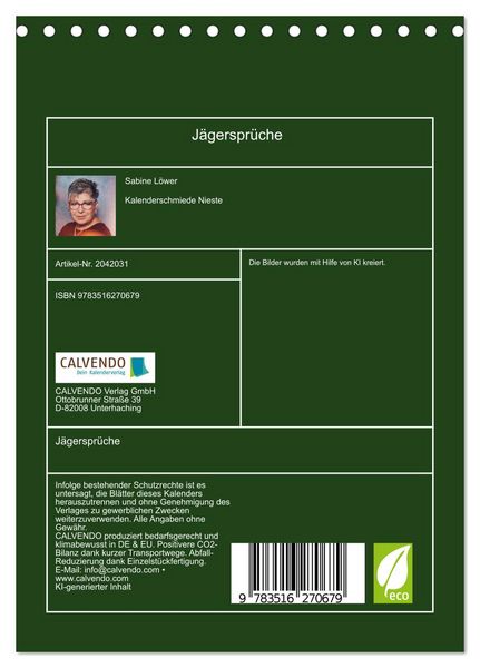 Produktbild: J&auml;gerspr&uuml;che (Tischkalender 2026 DIN A5 hoch), CALVENDO Monatskalender