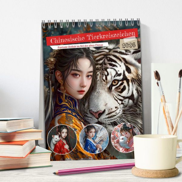 Produktbild: Chinesische Tierkreiszeichen - Fantasie-Zodiak im Stil des alten Chinas (Tischkalender 2026 DIN A5 hoch), CALVENDO Monatskalender
