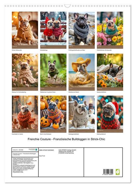Produktbild: Frenchie Couture - Franz&ouml;sische Bulldoggen in Strick-Chic (Wandkalender 2026 DIN A2 hoch), CALVENDO Monatskalender