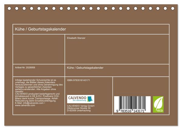 Produktbild: K&uuml;he / Geburtstagskalender (Tischkalender 2026 DIN A5 quer), CALVENDO Monatskalender