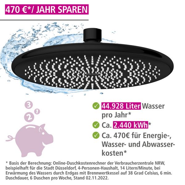 Produktbild: Regenduschkopf Watersaving Schwarz, &Oslash; 22,5 cm