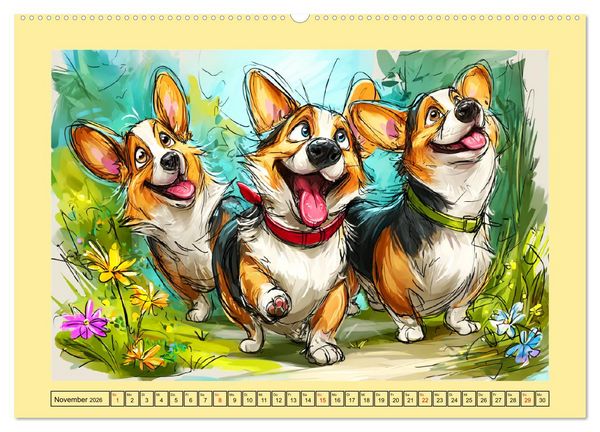 Produktbild: Lustige Corgis. Niedliche Cartoons von gl&uuml;cklichen Hunden (Wandkalender 2026 DIN A2 quer), CALVENDO Monatskalender