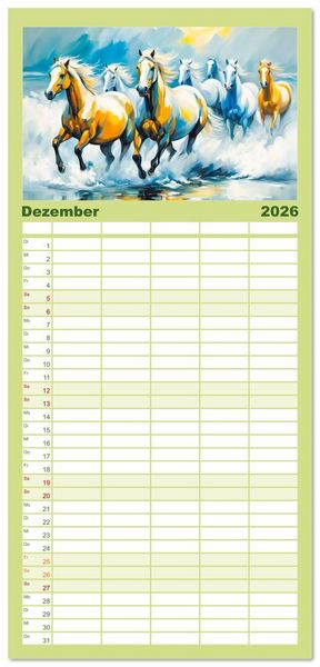 Produktbild: Familienplaner 2026 - Jahr des Pferdes - Der unbez&auml;hmbare Geist der Pferde mit 5 Spalten (Wandkalender, 21 x 45 cm) CALVENDO