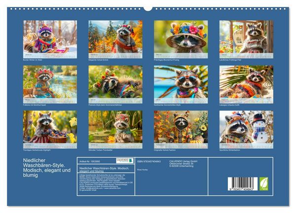 Produktbild: Niedlicher Waschb&auml;ren-Style. Modisch, elegant und blumig (hochwertiger Premium Wandkalender 2026 DIN A2 quer), Kunstdruck in Hochglanz