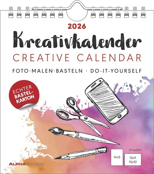 Alpha Edition - Kreativ-Kalender S Weiß 2026 – Bastelkalender 16×17 cm mit Platz für Fotos & eigene Gestaltung, weißer Hintergrund, auch als