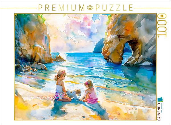 CALVENDO Puzzle Zwei Mädchen mit Hund am Felsentor | 1000 Teile Lege-Größe 64x48cm Foto-Puzzle für glückliche Stunden