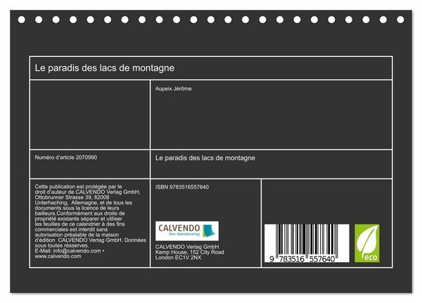 Produktbild: Le paradis des lacs de montagne (Calendrier de bureau 2026 DIN A5 vertical), CALVENDO calendrier mensuel