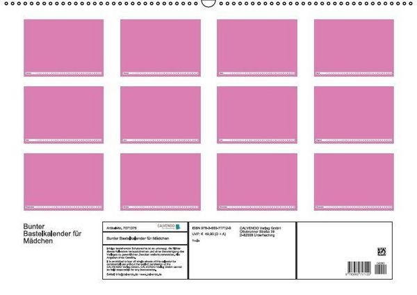 Produktbild: Bunter Bastelkalender f&uuml;r M&auml;dchen (Wandkalender immerw&auml;hrend DIN A2 quer)