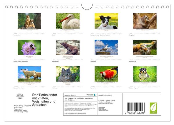 Produktbild: Der Tierkalender mit Zitaten, Weisheiten und Spr&uuml;chen (Wandkalender 2026 DIN A4 quer), CALVENDO Monatskalender