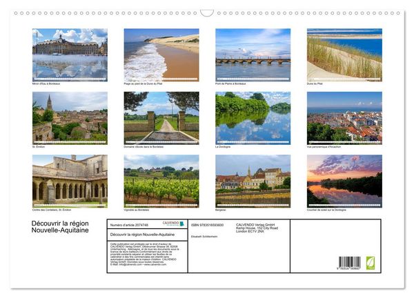 Produktbild: D&eacute;couvrir la r&eacute;gion Nouvelle-Aquitaine (Calendrier mural 2026 DIN A2 vertical), CALVENDO calendrier mensuel