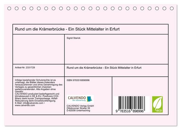 Produktbild: Rund um die Kr&auml;merbr&uuml;cke - Ein St&uuml;ck Mittelalter in Erfurt (Tischkalender 2027 DIN A5 quer), CALVENDO Monatskalender