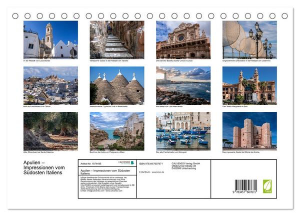 Produktbild: Apulien &ndash; Impressionen vom S&uuml;dosten Italiens (Tischkalender 2026 DIN A5 quer), CALVENDO Monatskalender