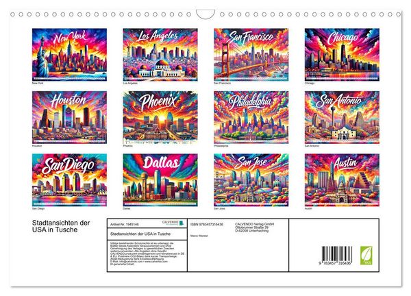 Produktbild: Stadtansichten der USA in Tusche (Wandkalender 2026 DIN A3 quer), CALVENDO Monatskalender