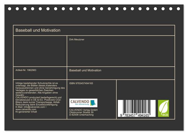 Produktbild: Baseball und Motivation (Tischkalender 2026 DIN A5 quer), CALVENDO Monatskalender