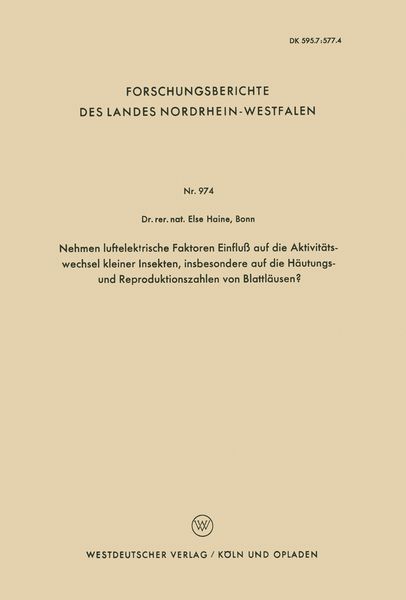 Produktbild: Nehmen luftelektrische Faktoren Einflu&szlig; auf die Aktivit&auml;tswechsel kleiner Insekten, insbesondere auf die H&auml;utungs- und Reproduktionszahlen von Blattl&auml;