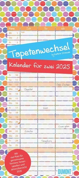 DUMONT - Tapetenwechsel 2025 Familienplaner, 22x49,5cm, Familien-Kalender für zwei, mit drei Spalten, Schulferien und Ja