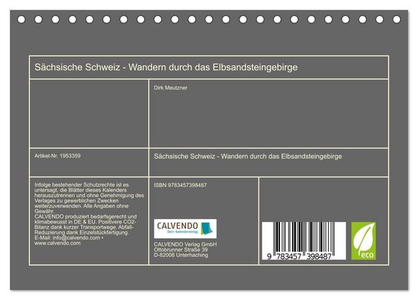 Produktbild: S&auml;chsische Schweiz - Wandern durch das Elbsandsteingebirge (Tischkalender 2026 DIN A5 quer), CALVENDO Monatskalender