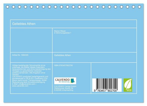 Produktbild: Geliebtes Athen (Tischkalender 2026 DIN A5 quer), CALVENDO Monatskalender