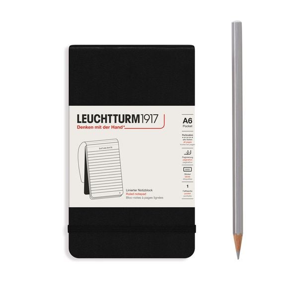 Produktbild: LEUCHTTURM1917 Notizblock Pocket (A6), Hardcover, 94 nummerierte Seiten, Schwarz, Liniert