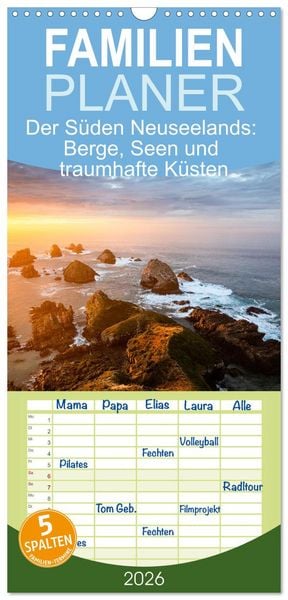 Produktbild: Familienplaner 2026 - Der S&uuml;den Neuseelands: Berge, Seen und traumhafte K&uuml;sten mit 5 Spalten (Wandkalender, 21 x 45 cm) CALVENDO