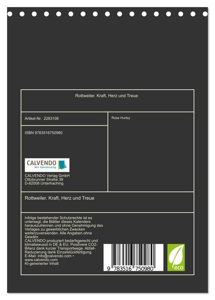 Produktbild: Rottweiler. Kraft, Herz und Treue (Tischkalender 2027 DIN A5 hoch), CALVENDO Monatskalender