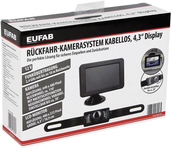 Produktbild: Eufab Funk-R&uuml;ckfahrvideosystem Abstandshilfslinien Saugfu&szlig;, Kennzeichenhalter Schwarz