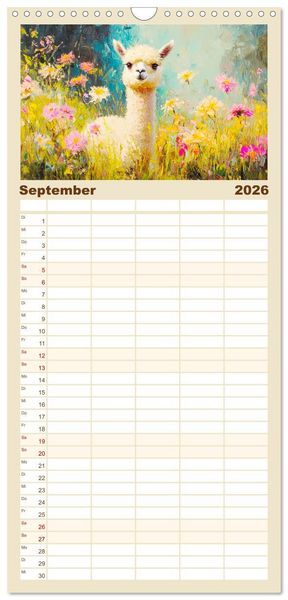 Produktbild: Familienplaner 2026 - Alpakas. Entz&uuml;ckende Paintings in duftigen Farben mit 5 Spalten (Wandkalender, 21 x 45 cm) CALVENDO