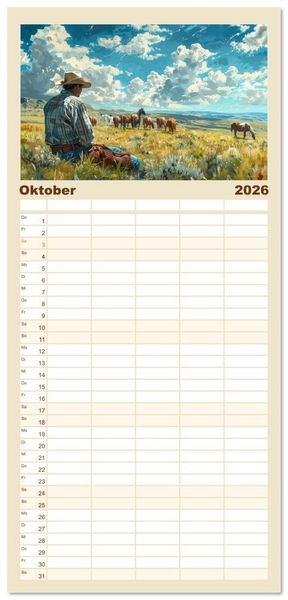Produktbild: Familienplaner 2026 - Pferde, Freiheit, Westernreiten mit 5 Spalten (Wandkalender, 21 x 45 cm) CALVENDO