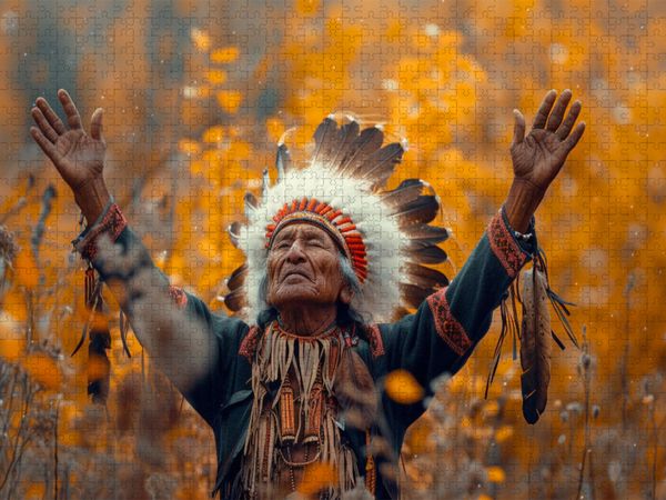 Produktbild: CALVENDO Puzzle Bitte an die G&ouml;tter - Indianischer H&auml;uptling | 1000 Teile Lege-Gr&ouml;&szlig;e 64x48cm Foto-Puzzle f&uuml;r gl&uuml;ckliche Stunden