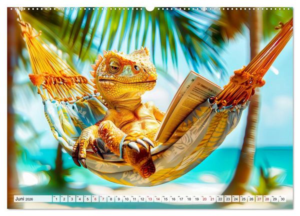 Produktbild: Dinosaurier Sommer - Urzeitlich witzige Strandparty (hochwertiger Premium Wandkalender 2026 DIN A2 quer), Kunstdruck in Hochglanz